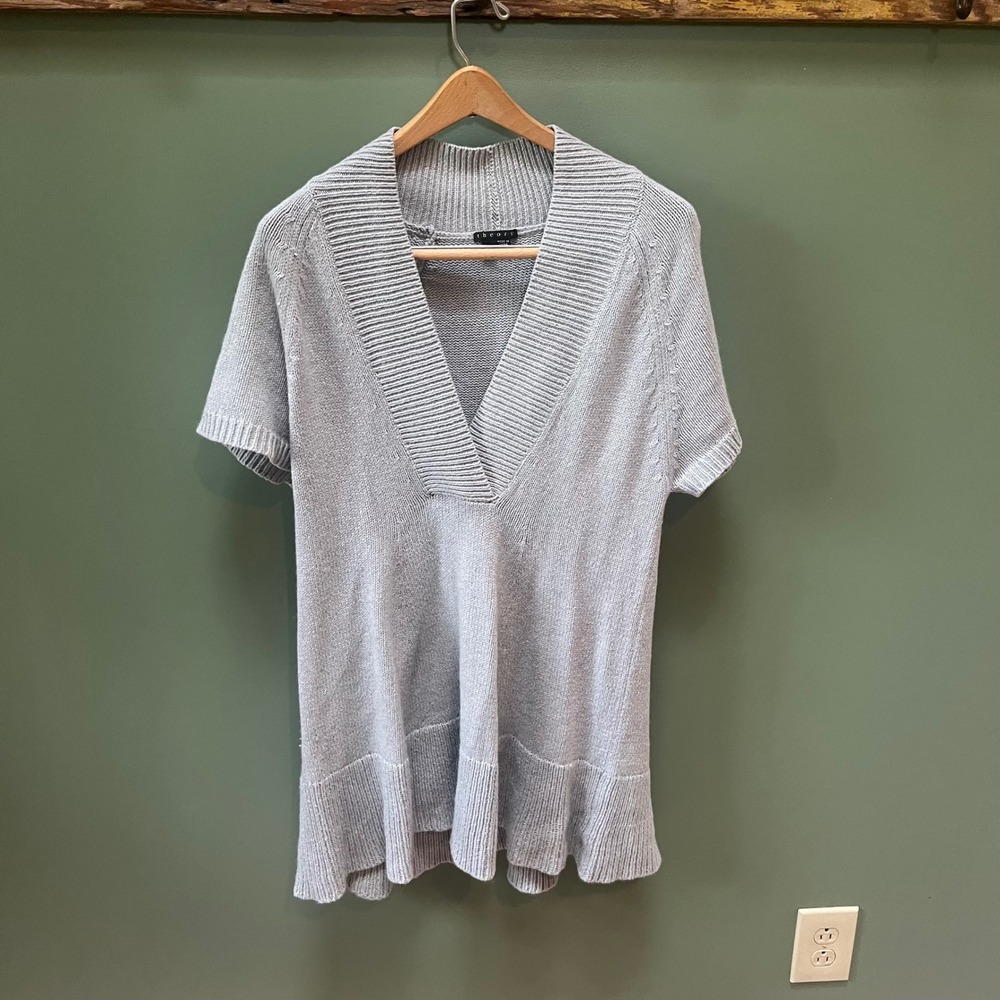 Theory Cashmere Blend Knit Sweater Short Sleeve V Neck Pullover Size S/P Gray